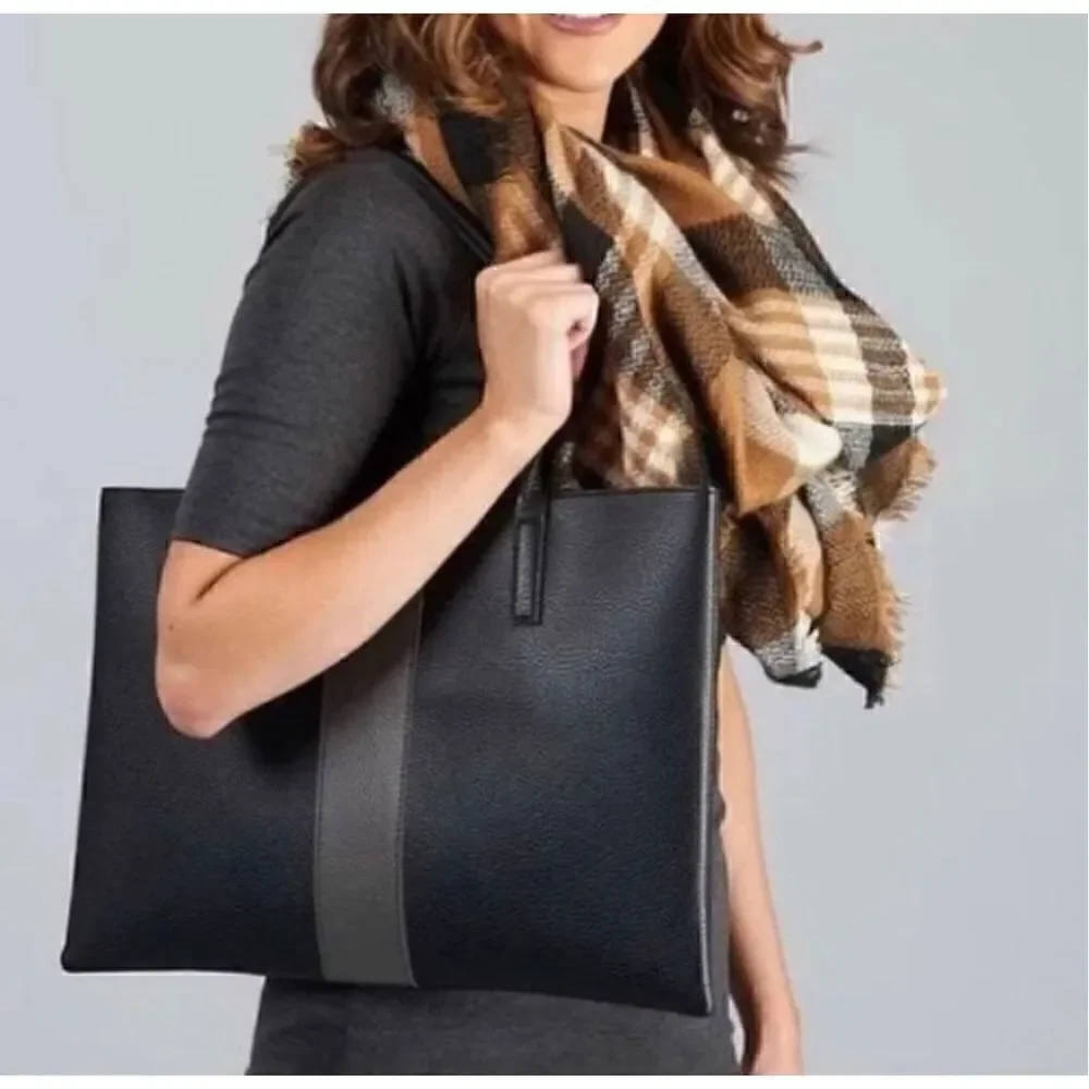 Vince Camuto Vegan Leather Black Gray Stripe Tote Bag New!